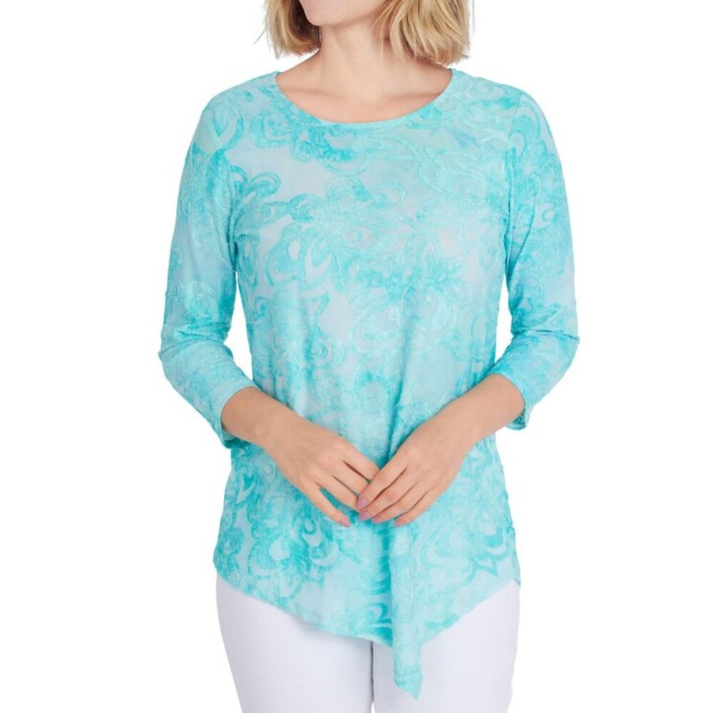 NEW Ruby Rd. Aqua Blue Boat Neck Tie Dye Burnout Polynesian Blouse Small $59